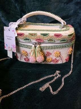 Handcrafted Embroidered Cream Beaded Top-Handle Crossbody Bag